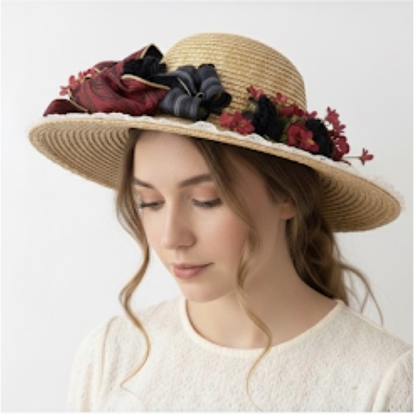 Vintage Accessories - Straw and Lace Floral Bonnet Hat Spring Elegant Tea Party Derby